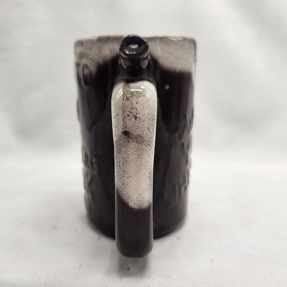 VTG Beer Mug Wet Your Whistle Went to P‎ Brown Ceramic Drip Glaze Cup Fun Gift
